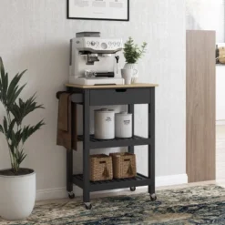 Sage Open Storage Wood Kitchen Cart Black - CorLiving