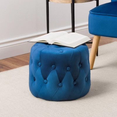 Lynwood Velvet Round Tufted Pouf Blue - CorLiving - Image 2