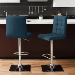 Set Of 2 Adjustable Square Tufted Barstools Dark Blue - CorLiving